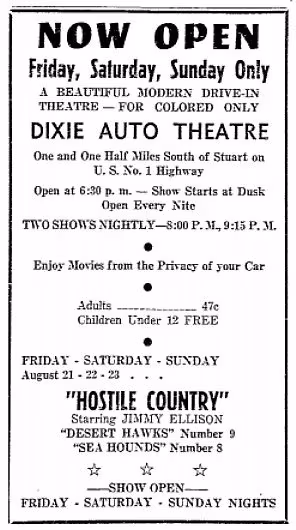 Advertisement for the Dixie Drive-In Theatre on Aug. 16, 1953.