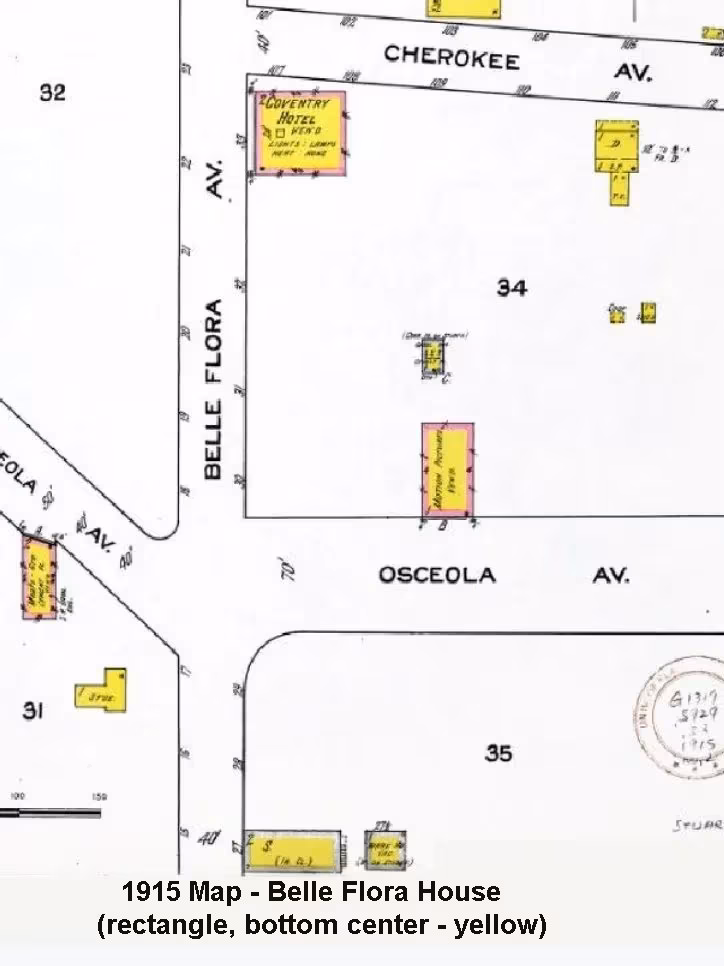 The 1915 Sanborn Fire Insurance Map of Osceola Street and Belle Flora Avenue, which shows the Belle Flora House.