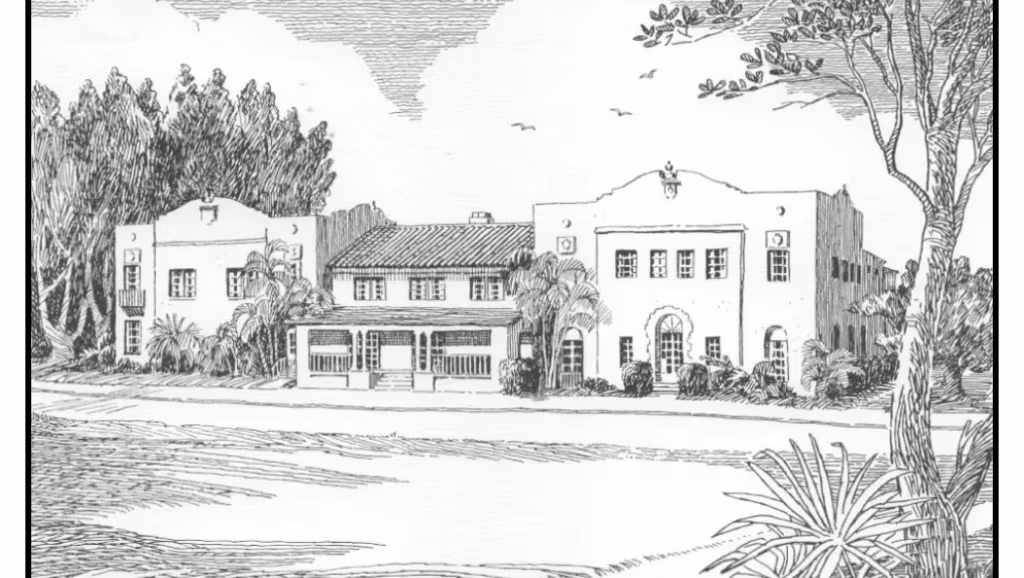 The Seminole Inn in Indiantown, by M.E Elliot, one of the seven illustrations of county landmarks commissioned by Fidelity Bank.
