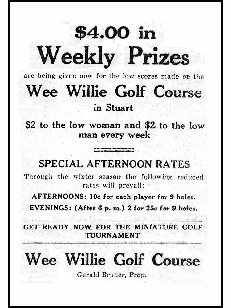 Advertisement in 1930 for Wee Willie Golf Course owned by Gerald Bruner.