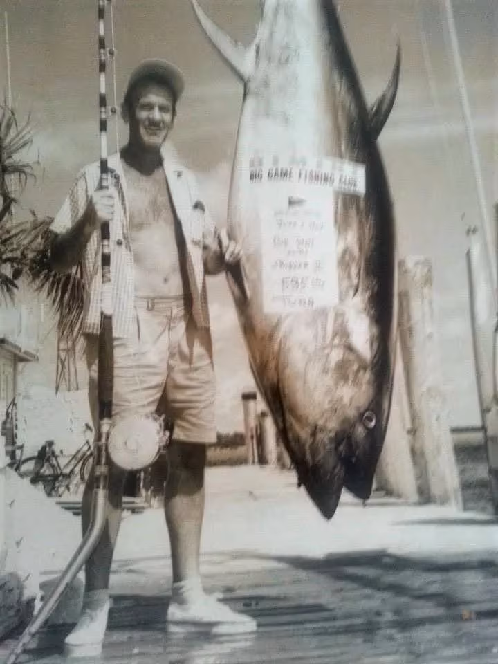 Bill Todt showing off a 585-pound tuna in 1961.