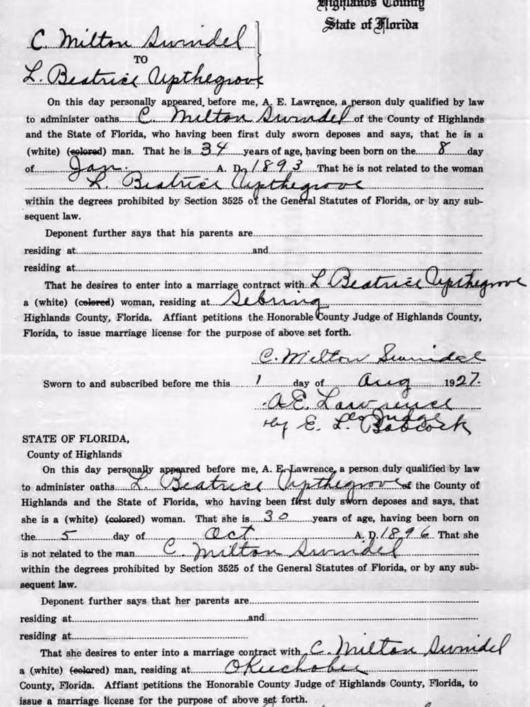 Marriage certificate for Laura Upthegrove in August 1927.