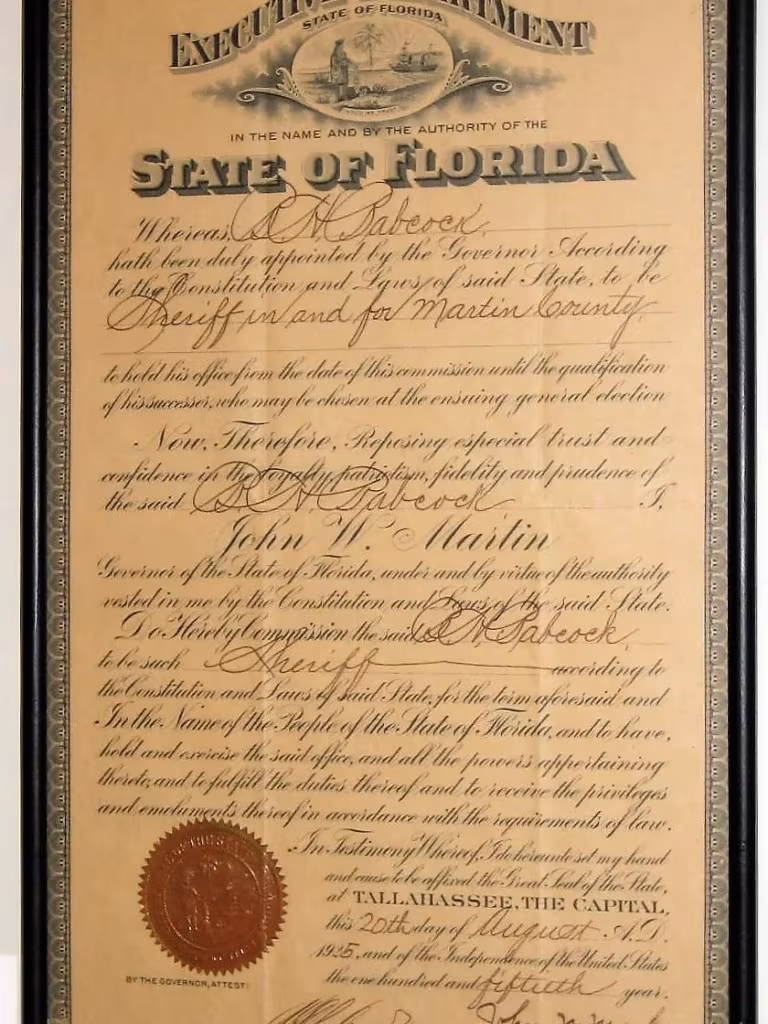The official appointment by Florida Gov. John Martin on Aug. 20, 1925, making Babcock the county sheriff. The document is on display at the Elliott Museum.