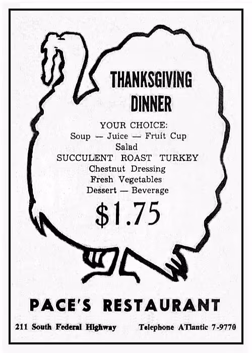 Pace’s Restaurant advertisement in 1959. (Source: Luckhardt collection) 3. Ships Lantern Restaurant advertisement in 1957. (Source: Luckhardt collection) 4. Bruce & Harry’s Restaurant in the 1950s. (Source: Stuart Heritage Museum) 5. Swanson TV Turke
