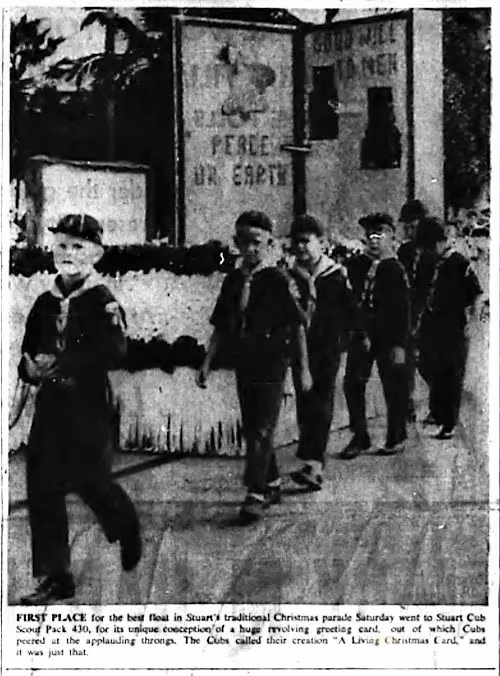 Dec. 7, 1967, Boy Scouts with winning float.