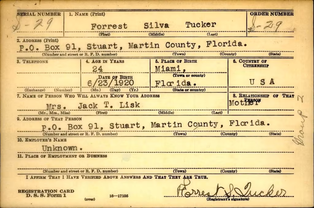 Forrest S. Tucker’s WW 2 draft registration.